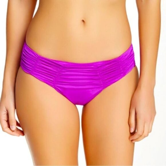 Badgley Mischka Bikini Bottom Sz.6 Hot Pink Ruching Solid Liw Rise Beach - Picture 1 of 10